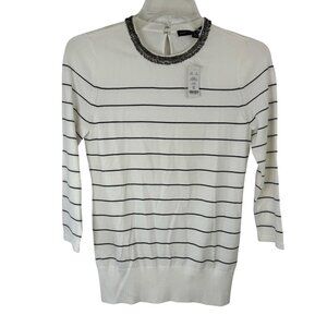 White House Black Market NWT Ivory Sweater Black Stripes Beaded Collar Women XS